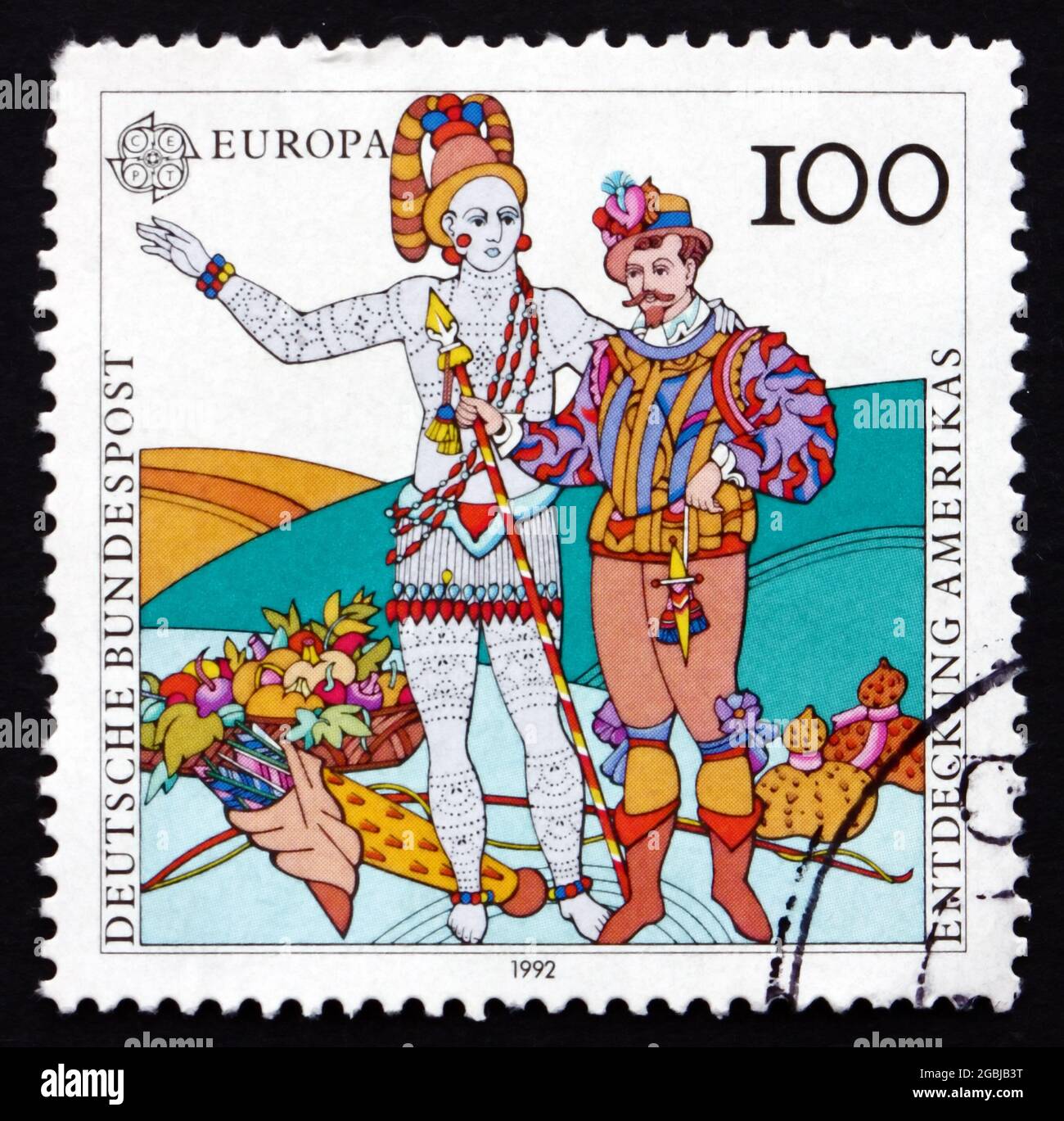 ALLEMAGNE - VERS 1992: Un timbre imprimé en Allemagne montre René de Laudonnière et le chef Athore par Jacques le Moyne de morgues, 1564, découverte d'AME Banque D'Images
