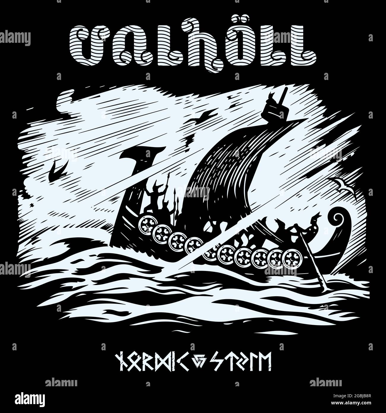 Style scandinave viking. Navire de guerre viking dans une mer orageux et inscription Valhalla Illustration de Vecteur