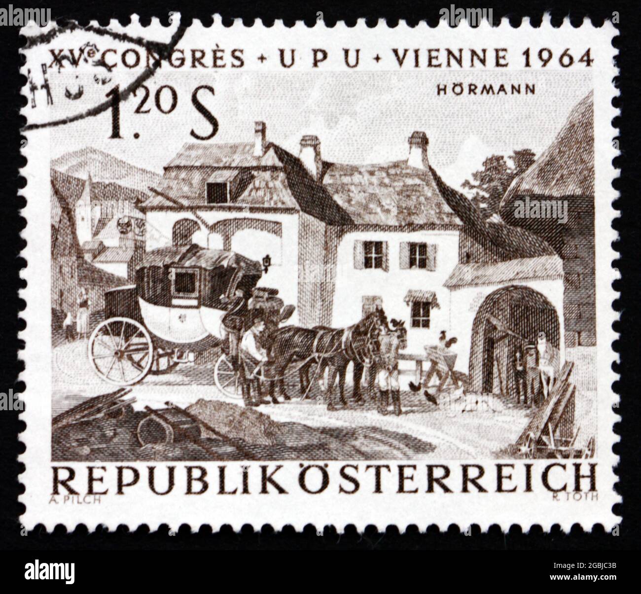AUTRICHE - VERS 1964: Un timbre imprimé en Autriche montre des chevaux en évolution à la station de relais, peinture par Julius Hormann, vers 1964 Banque D'Images