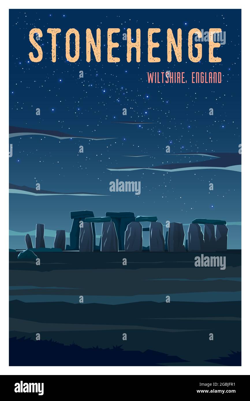 Belle vue au coucher du soleil en Angleterre avec des bâtiments historiques, Stonehenge Illustration de Vecteur