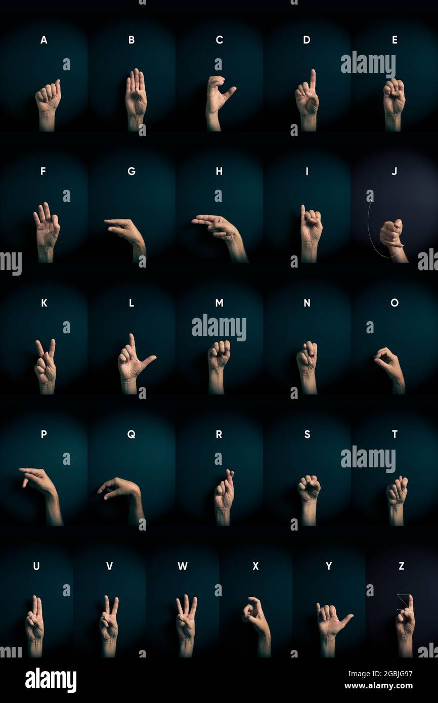 Image B&W spectaculaire des mains de sexe masculin montrant toutes les lettres de l'alphabet A à Z de l'ASL American Sign Language avec des étiquettes de texte Banque D'Images