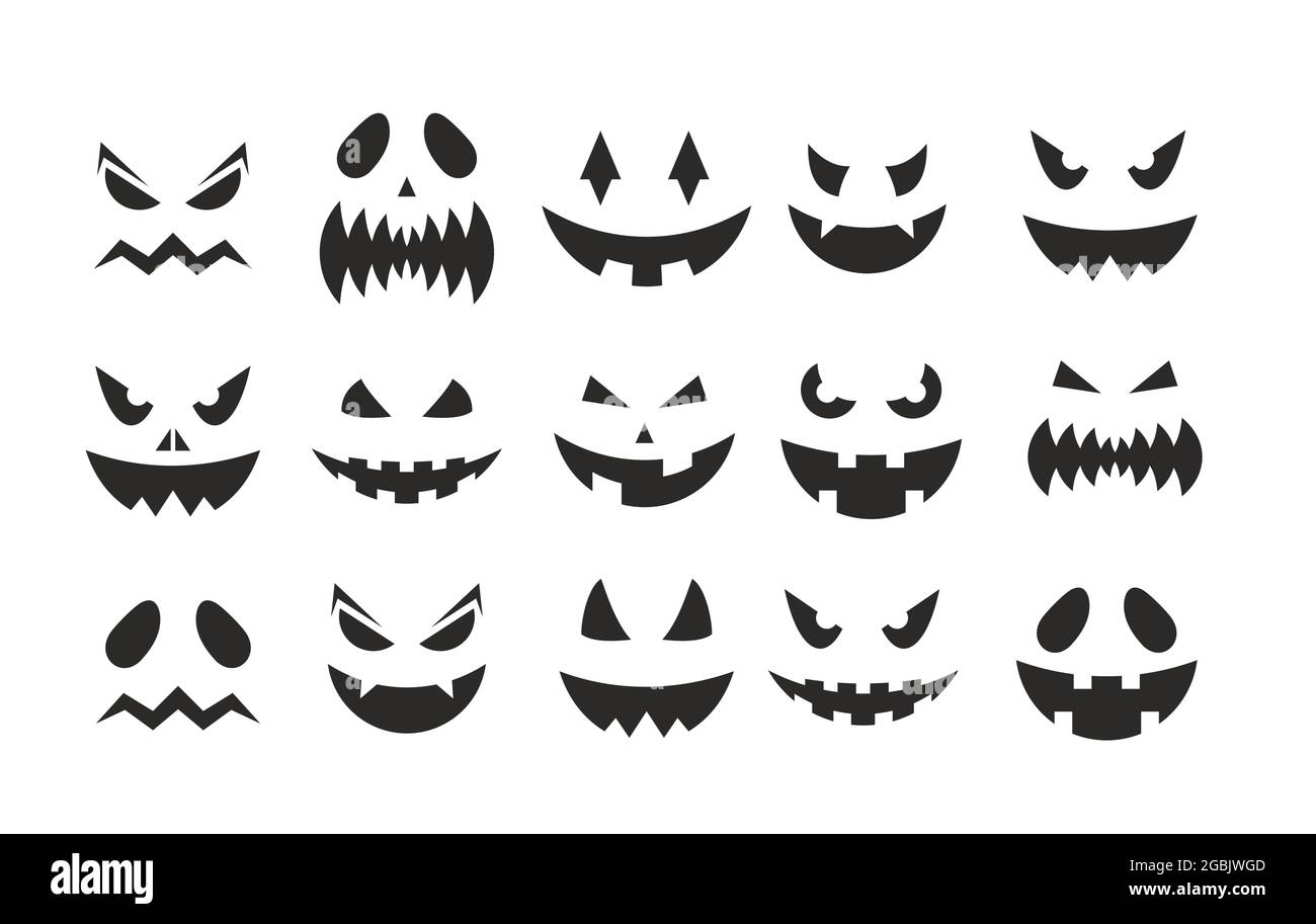 Collection de clipart noire effrayante d'octobre, expression faciale effrayante de citrouilles, visage fantôme souriant sur Halloween partie isolée sur blanc. Halloween Illustration de Vecteur