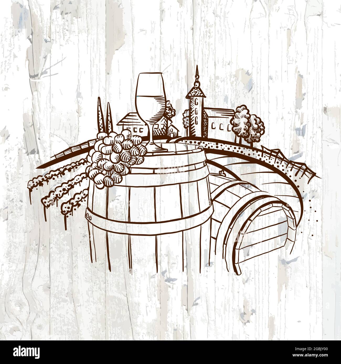 Modèle d'affiche en verre de vigne et paysage. Esquisse vectorielle dessinée à la main. Illustration de Vecteur