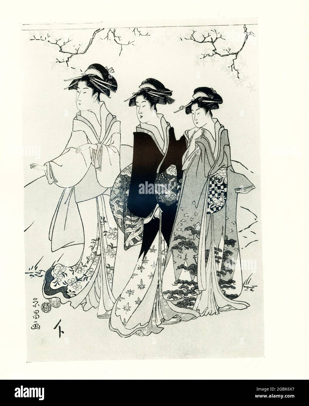Cette image de 1920 montre: Deux dames et leur femme de ménage passant sous un érable. Il est signé par Yeisho avec le signe de l'éditeur Yamaguchi-ya Chusuke. Chokosai Eisho (fl. 1790) était un artiste japonais. Il a également utilisé le nom Shoeido. Il est l'élève le plus éminent d'Eishi (également orthographié Yeishi) et a eu une production prolifique. Banque D'Images