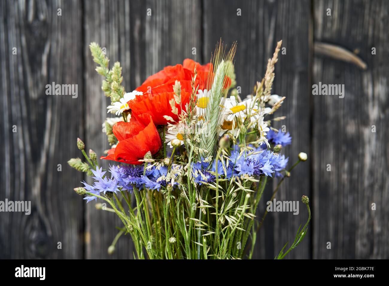 Bouquet bouquet fleurs sauvages camomille pavot cornflower seigle fond en bois Banque D'Images