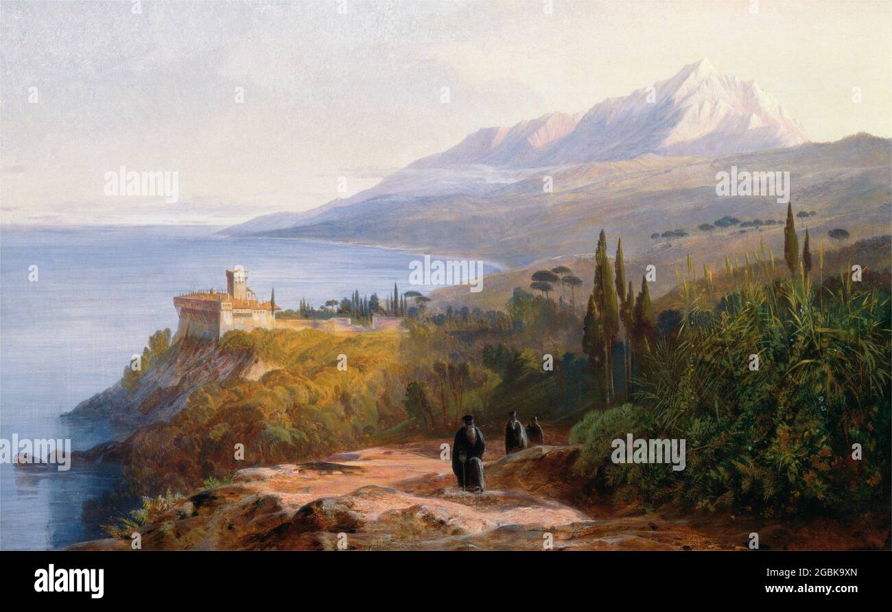 Mont Athos et le monastère de Stavronikétes par Edward Lear (1812-1888), huile sur toile, 1857 Banque D'Images