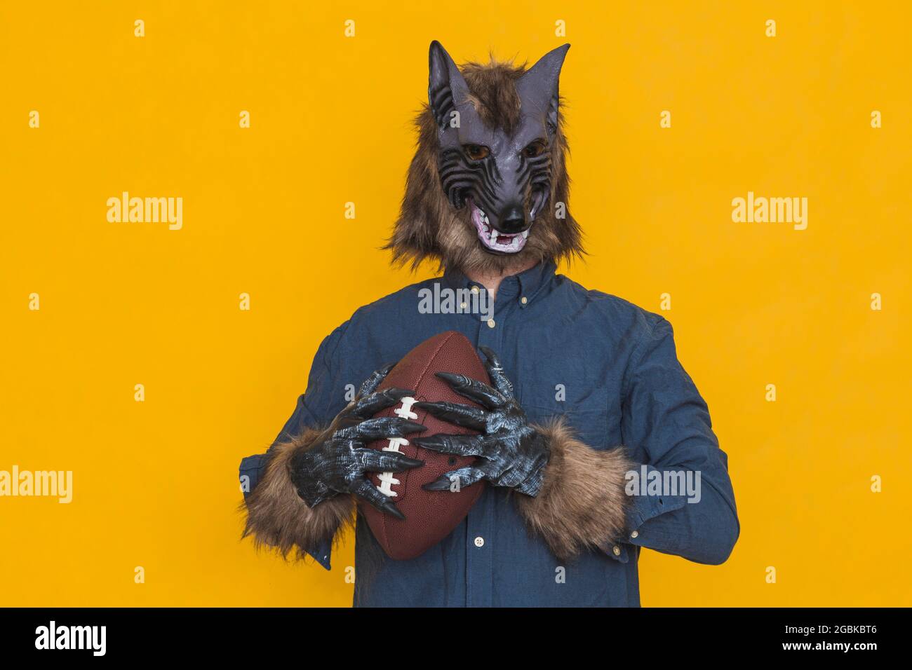 Sur fond jaune, il y a un loup-garou vêtu d'une chemise bleue qui tient une balle marron de football américain. Banque D'Images