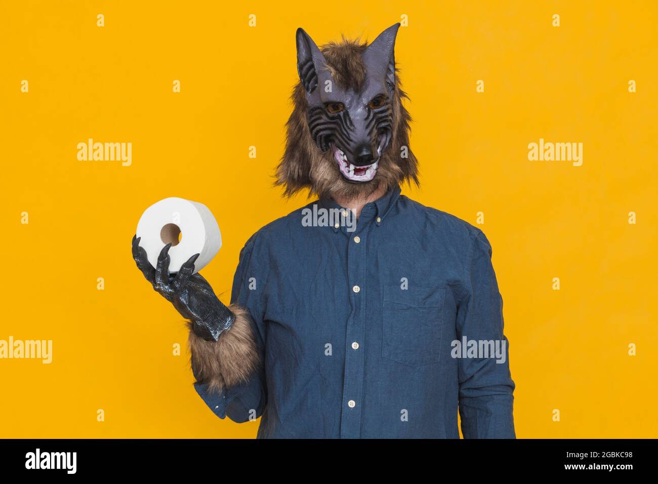 Sur fond jaune, il y a un loup-garou habillé d'une chemise bleue tient un rouleau de papier toilette avec sa main droite. Banque D'Images