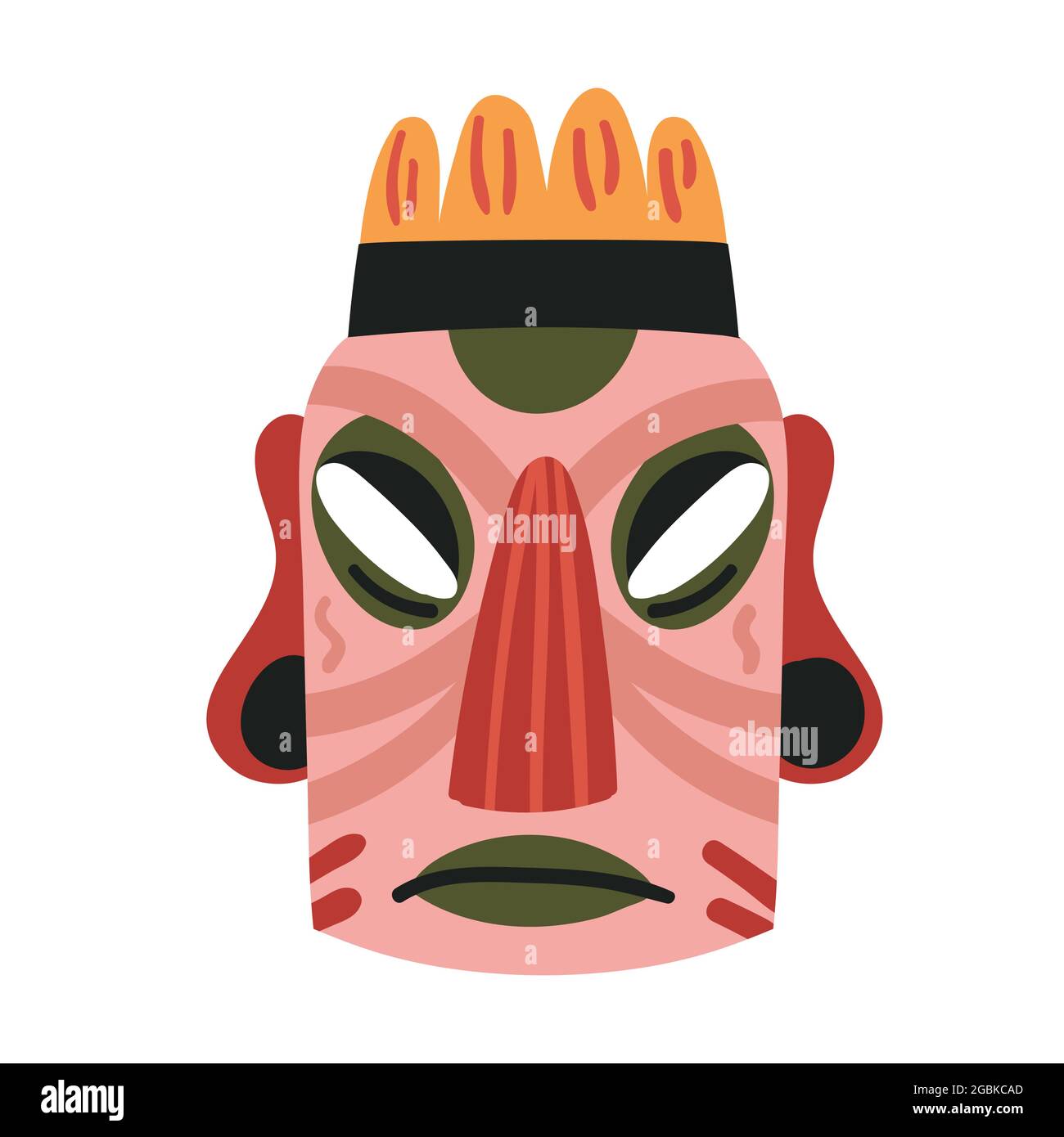 Masque rose Tiki, totem ethnique de l'illustration du vecteur de l'île tropicale. Modèle de masque de dessin animé, ancienne décoration de visage tribal en bois de Dieu tiki isolé sur blanc Illustration de Vecteur