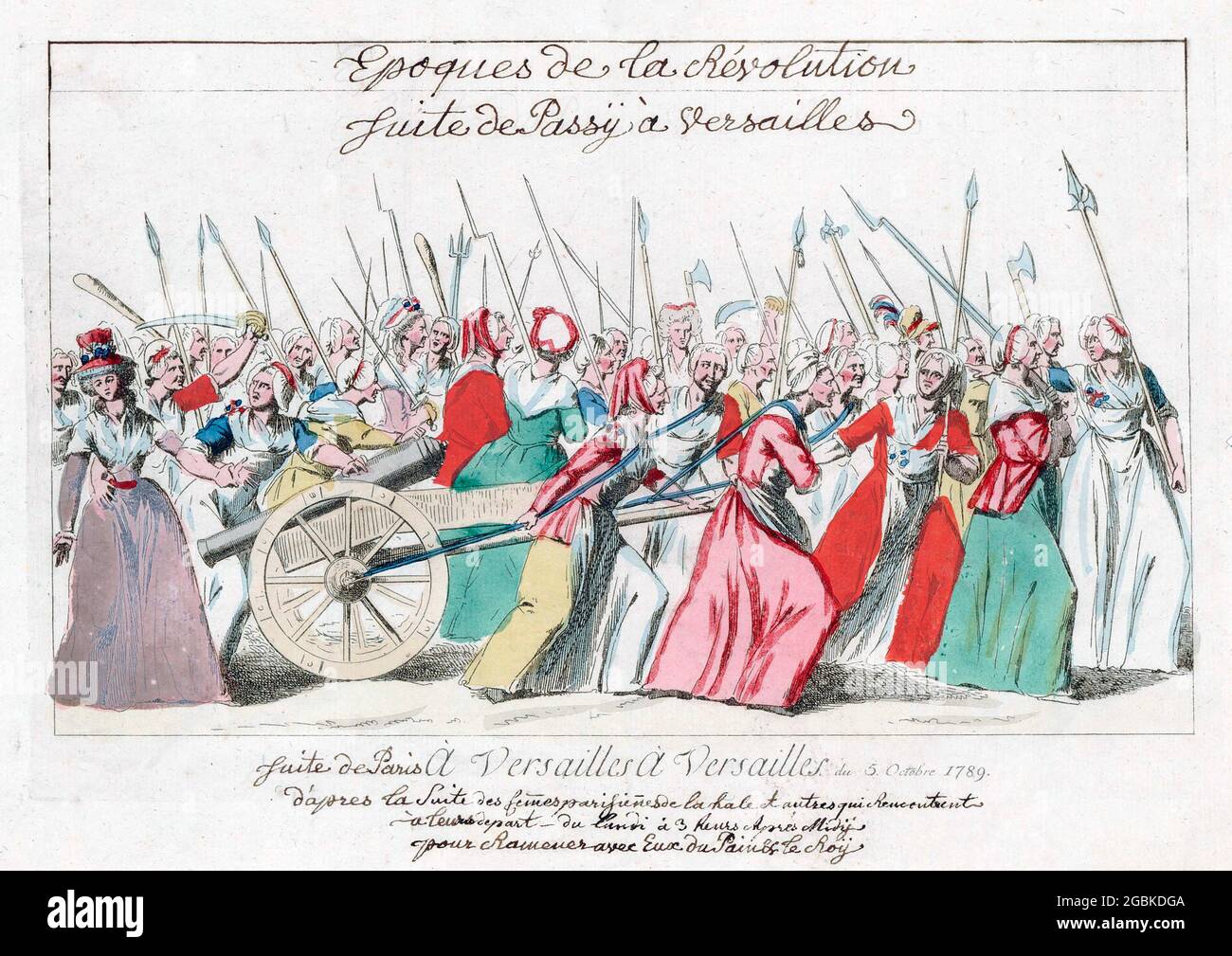 MARCHE DES FEMMES À VERSAILLES 5 OCTOBRE 1789. Un moment clé dans le développement de la Révolution française illustré dans une illustration contemporaine. Notez la réticence de la femme à l'extrême gauche d'être impliquée. Ses vêtements indiquent qu'elle est une classe au-dessus des autres. Banque D'Images