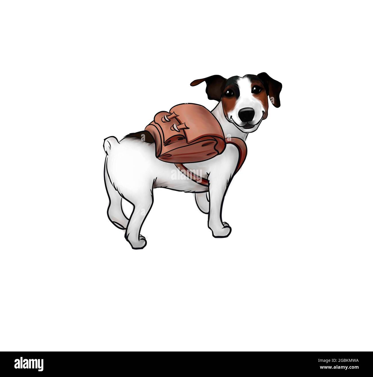 Un joli chien voyage avec un sac à dos. Chiot noir et blanc avec un sac sur ses épaules. Illustration isolée sur fond blanc. Banque D'Images