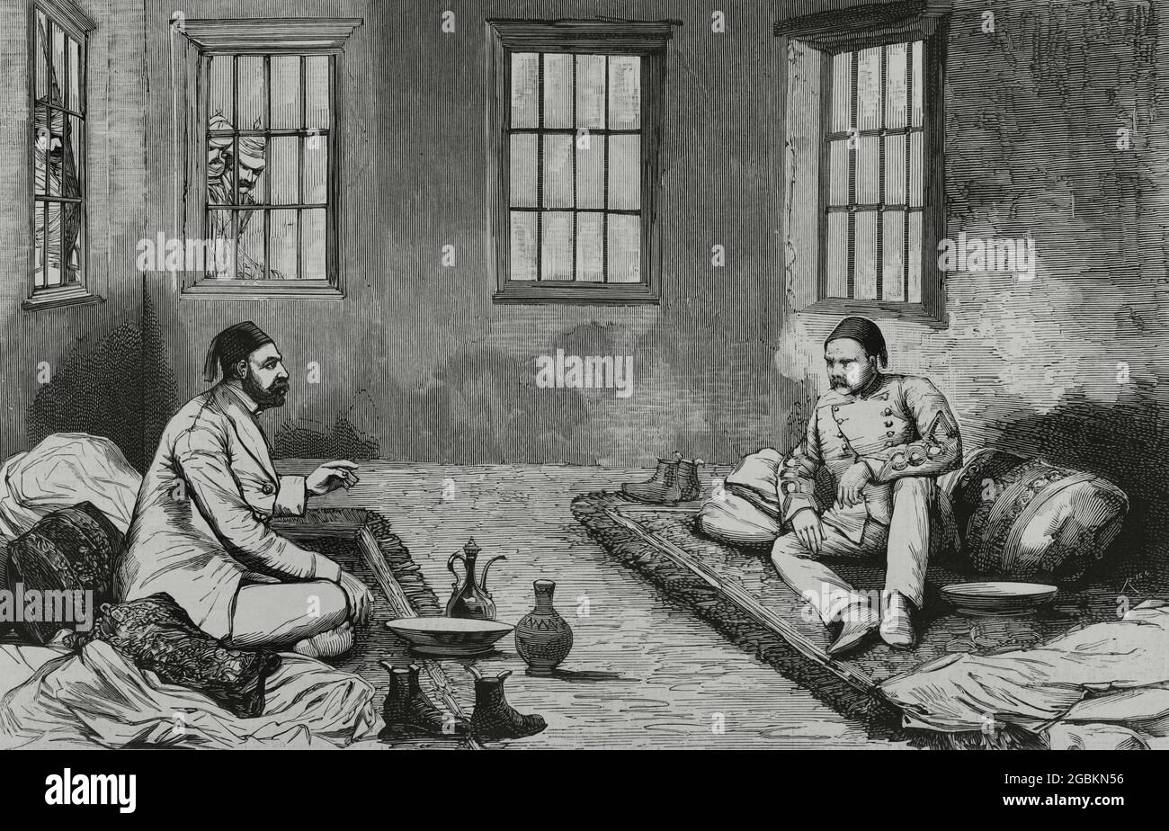Amhed 'Urabi ou Orabi Pasha (1841-1911). L'armée égyptienne et un dirigeant anti-britannique. Après la bataille de tel-el-Kebin, il a été fait prisonnier par les Britanniques. Égypte. Le Caire. Orabi Pasha et Tulba-Pacha dans les prisons des casernes d'Abbassiyeh. Gravure. La Ilustración Española y Americana, 1882. Banque D'Images