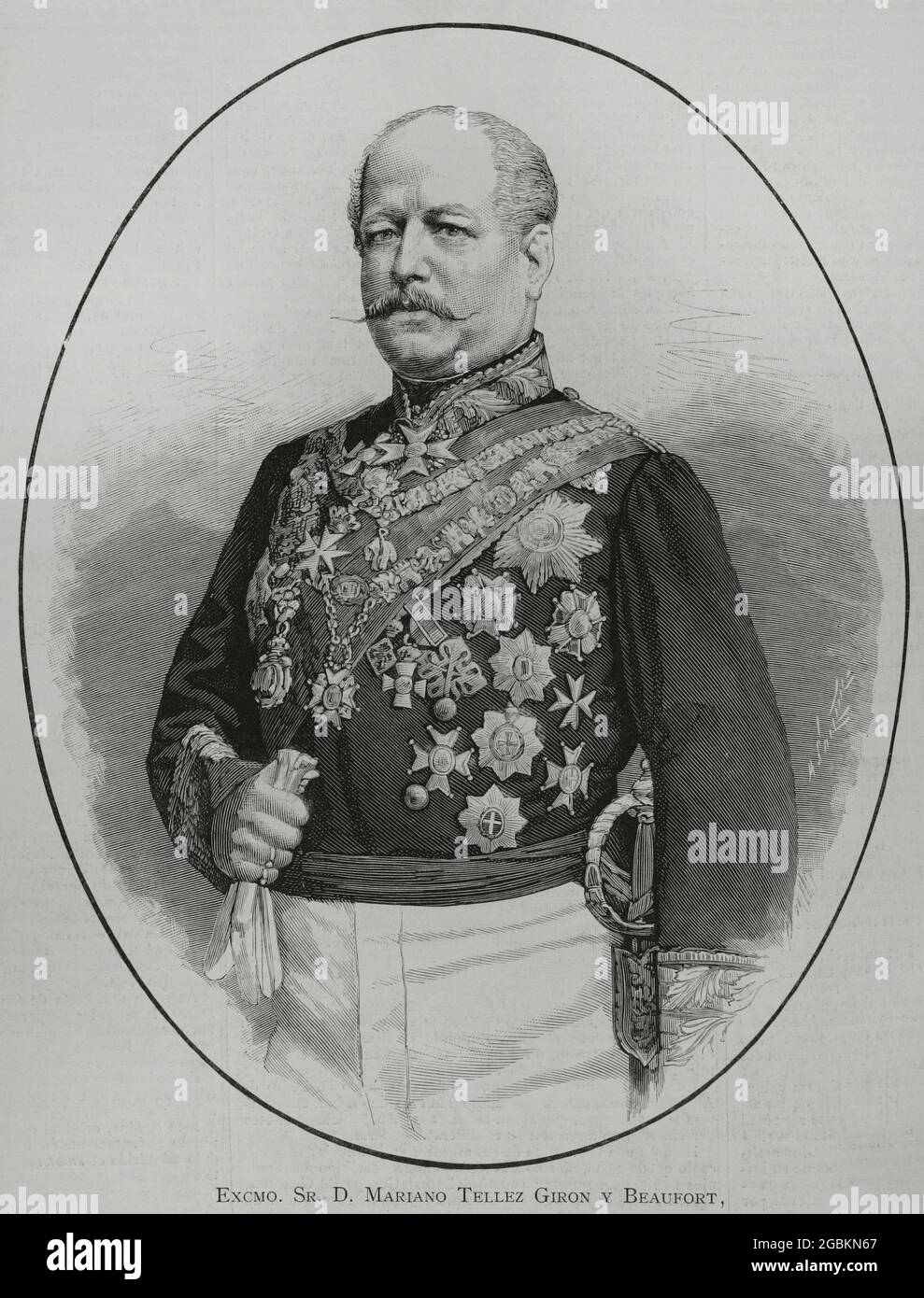 Mariano Téllez-Girón y Beaufort Spontin, 12e duc d'Osuna (1814-1882). Noble espagnol, politique, diplomatique et militaire. Portrait. Gravure par Carretero. La Ilustración Española y Americana, 1882. Banque D'Images