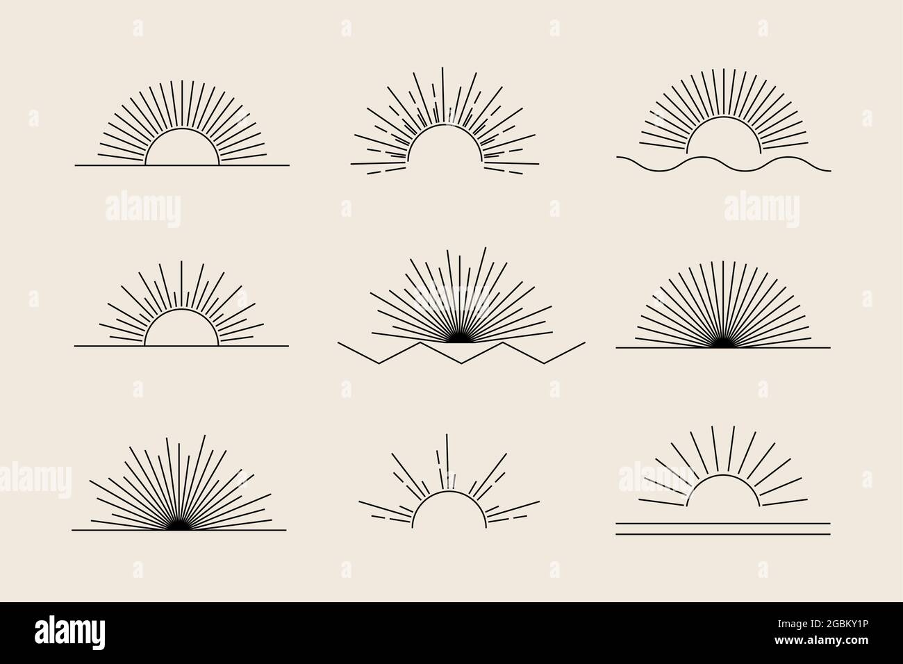 Ensemble de symboles et d'icônes de boho linéaires noirs Vector Sun, modèles de design de logo Sun, éléments de design abstraits pour la décoration dans un style moderne minimaliste Illustration de Vecteur