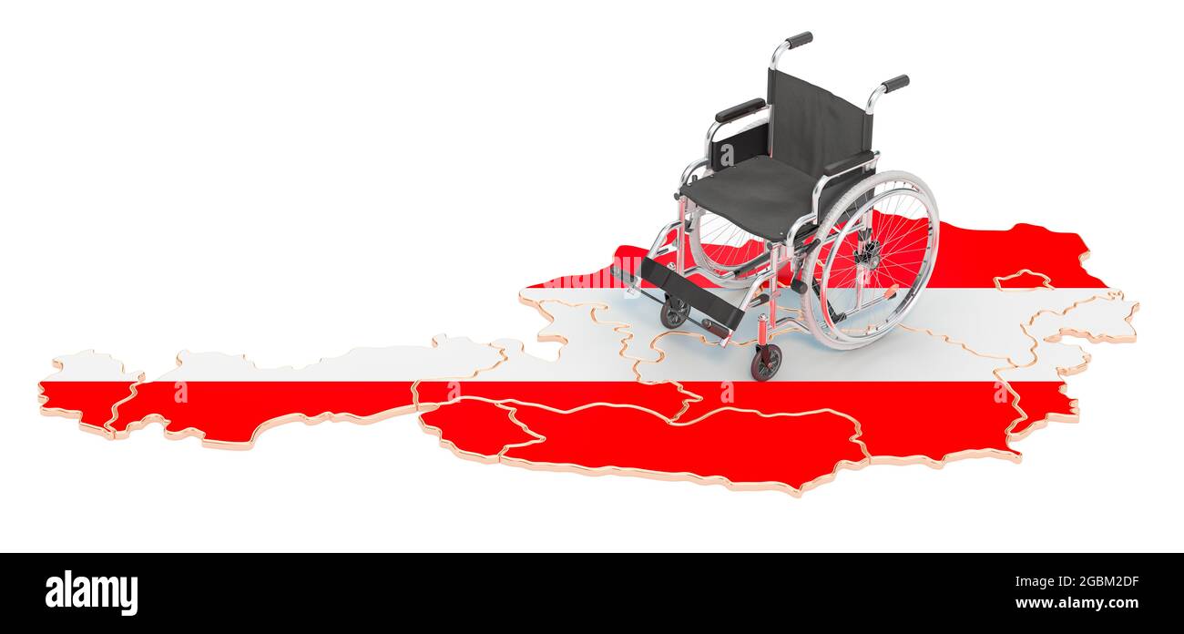 Fauteuil roulant avec drapeau autrichien. Handicap en Autriche concept, rendu 3D isolé sur fond blanc Banque D'Images