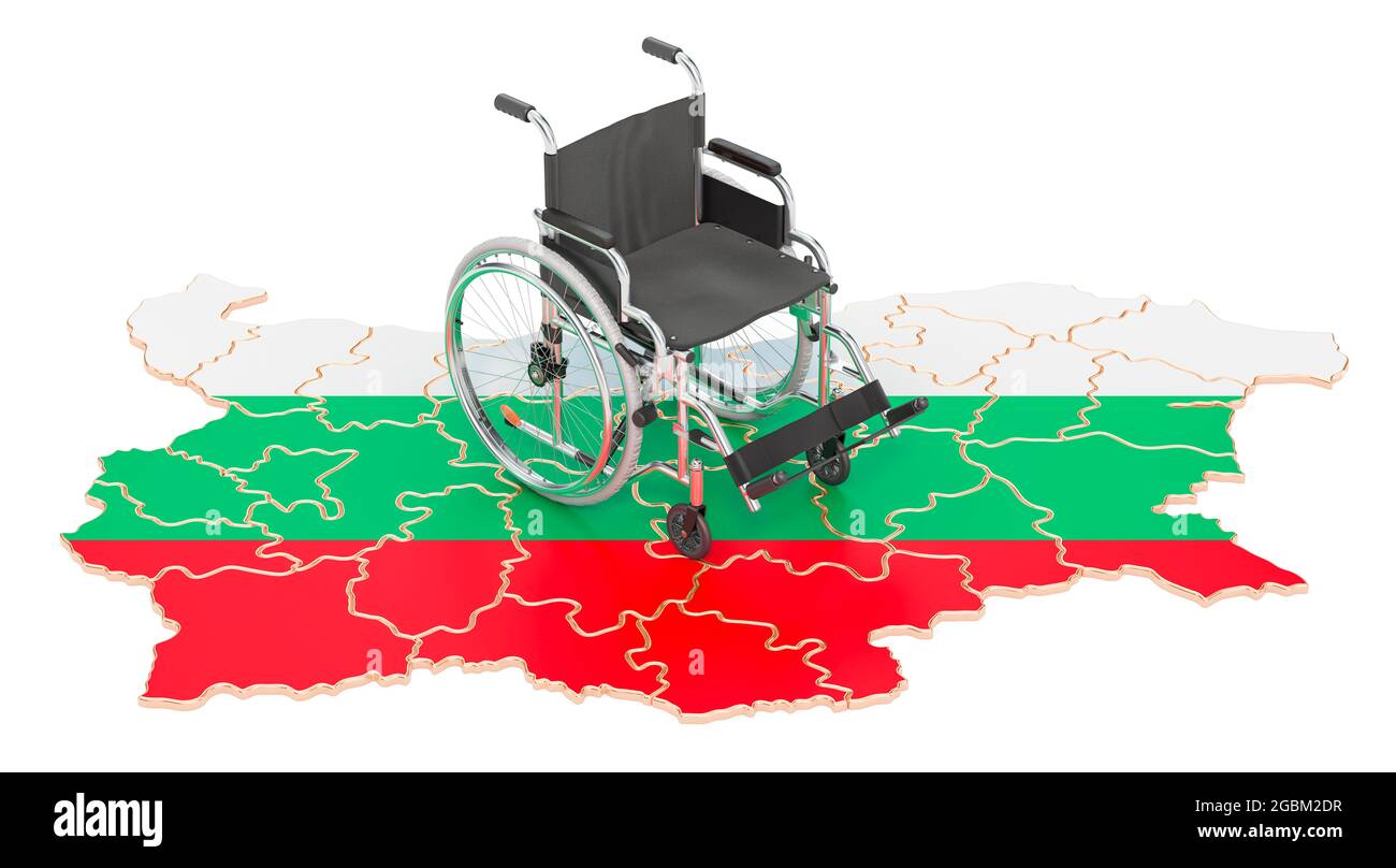 Fauteuil roulant avec drapeau bulgare. Handicap en Bulgarie concept, rendu 3D isolé sur fond blanc Banque D'Images