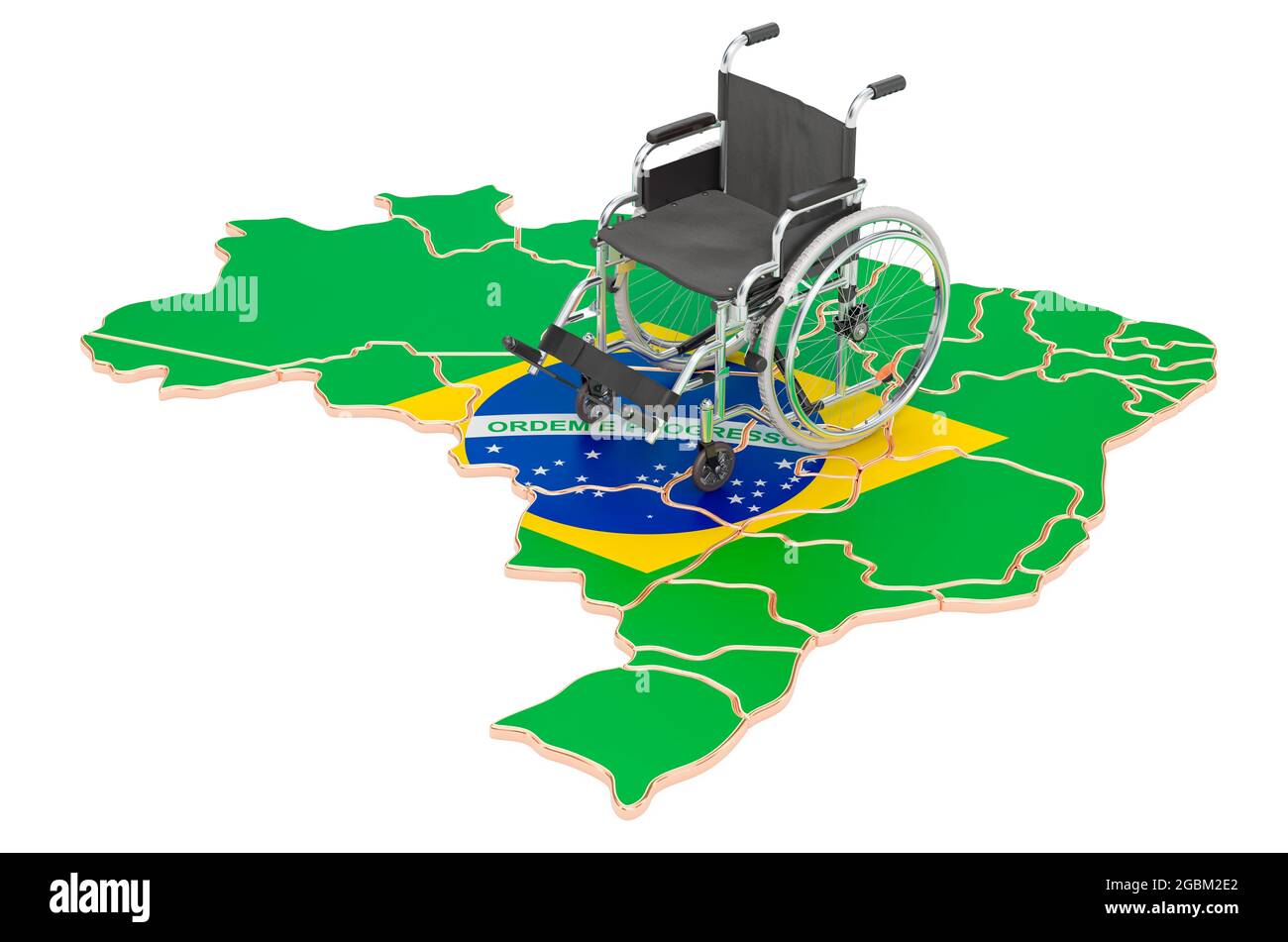Fauteuil roulant avec drapeau brésilien. Handicap au Brésil concept, rendu 3D isolé sur fond blanc Banque D'Images