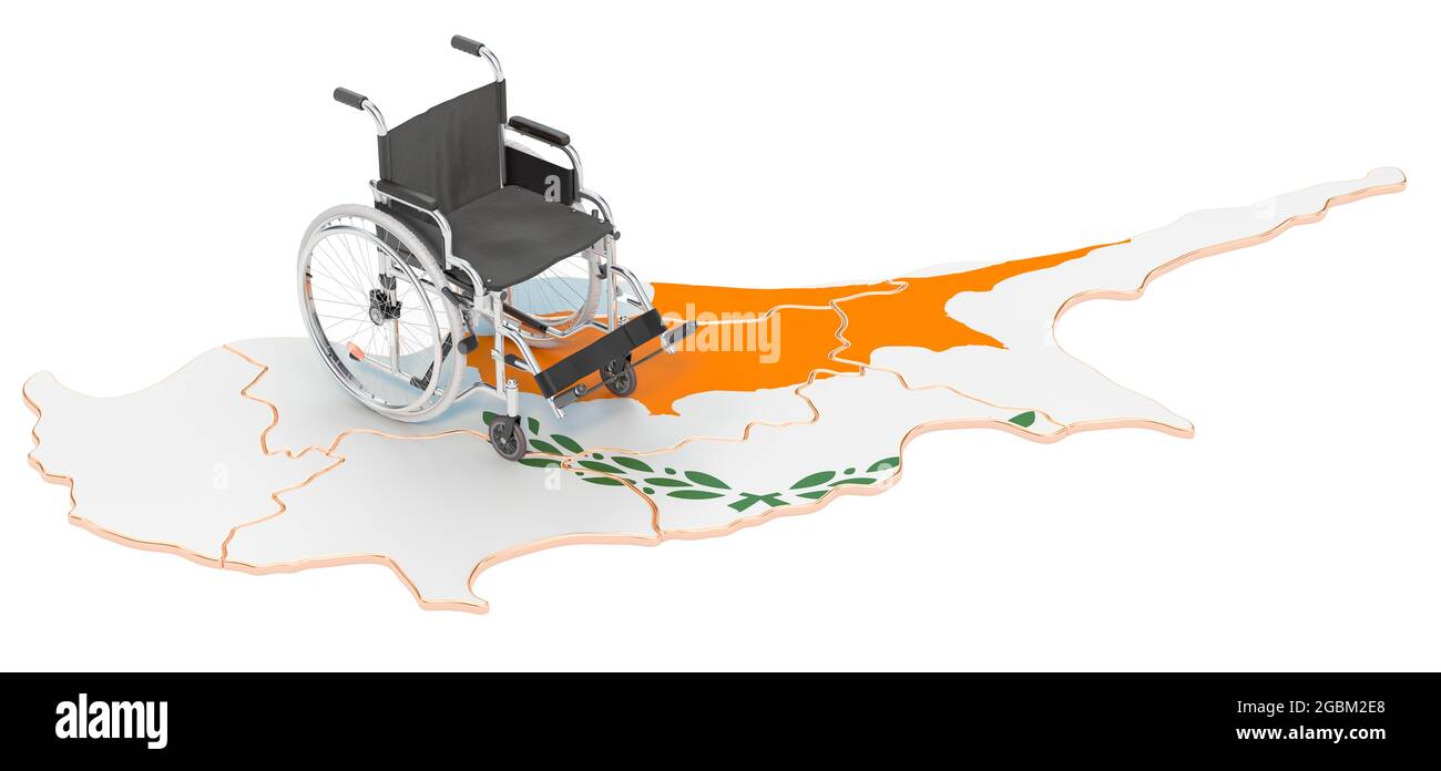 Fauteuil roulant avec drapeau chypriote. Handicap à Chypre concept, rendu 3D isolé sur fond blanc Banque D'Images