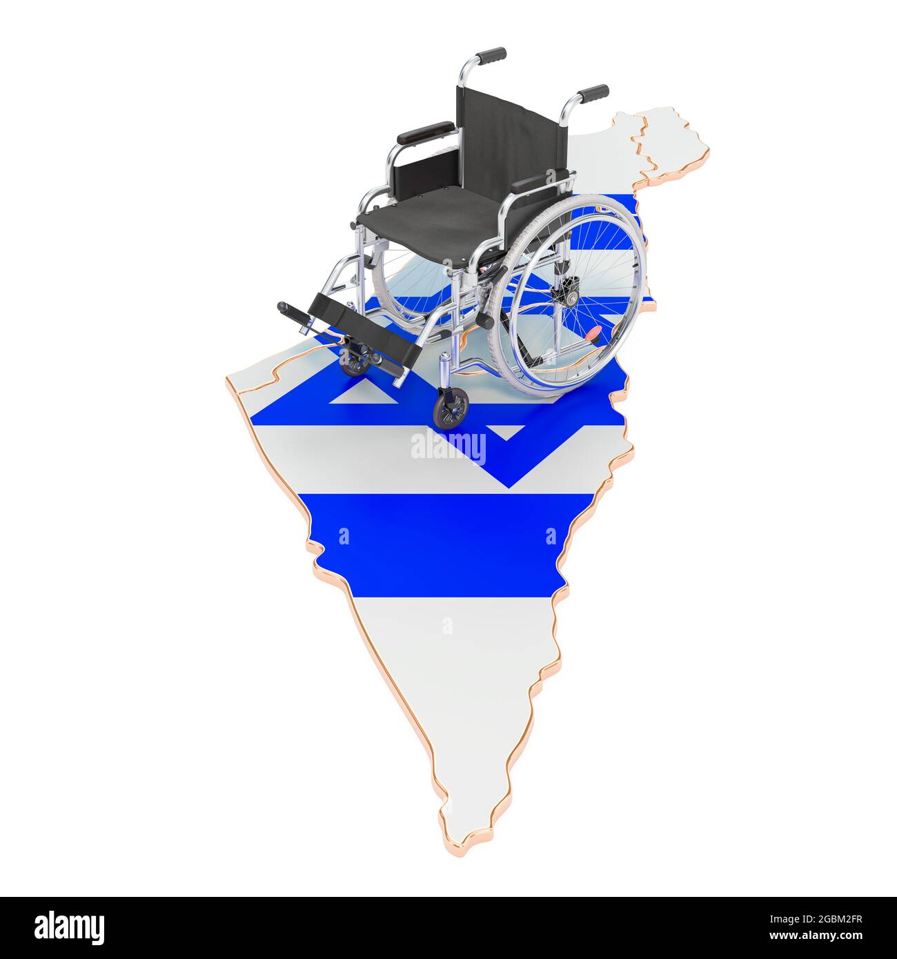 Fauteuil roulant avec drapeau israélien. Handicap en Israël concept, rendu 3D isolé sur fond blanc Banque D'Images