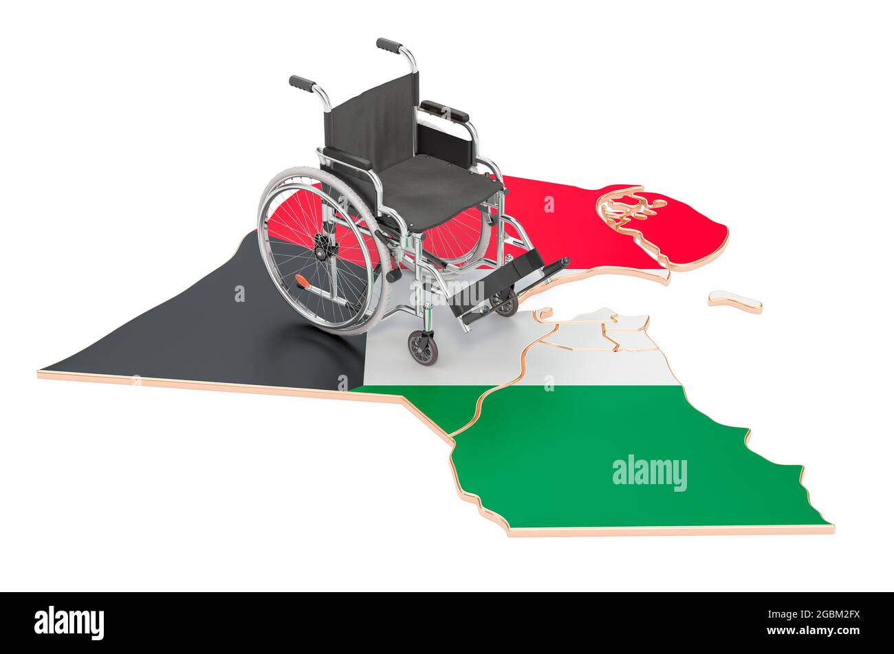Fauteuil roulant avec drapeau koweïtien. Handicap au Koweït concept, rendu 3D isolé sur fond blanc Banque D'Images