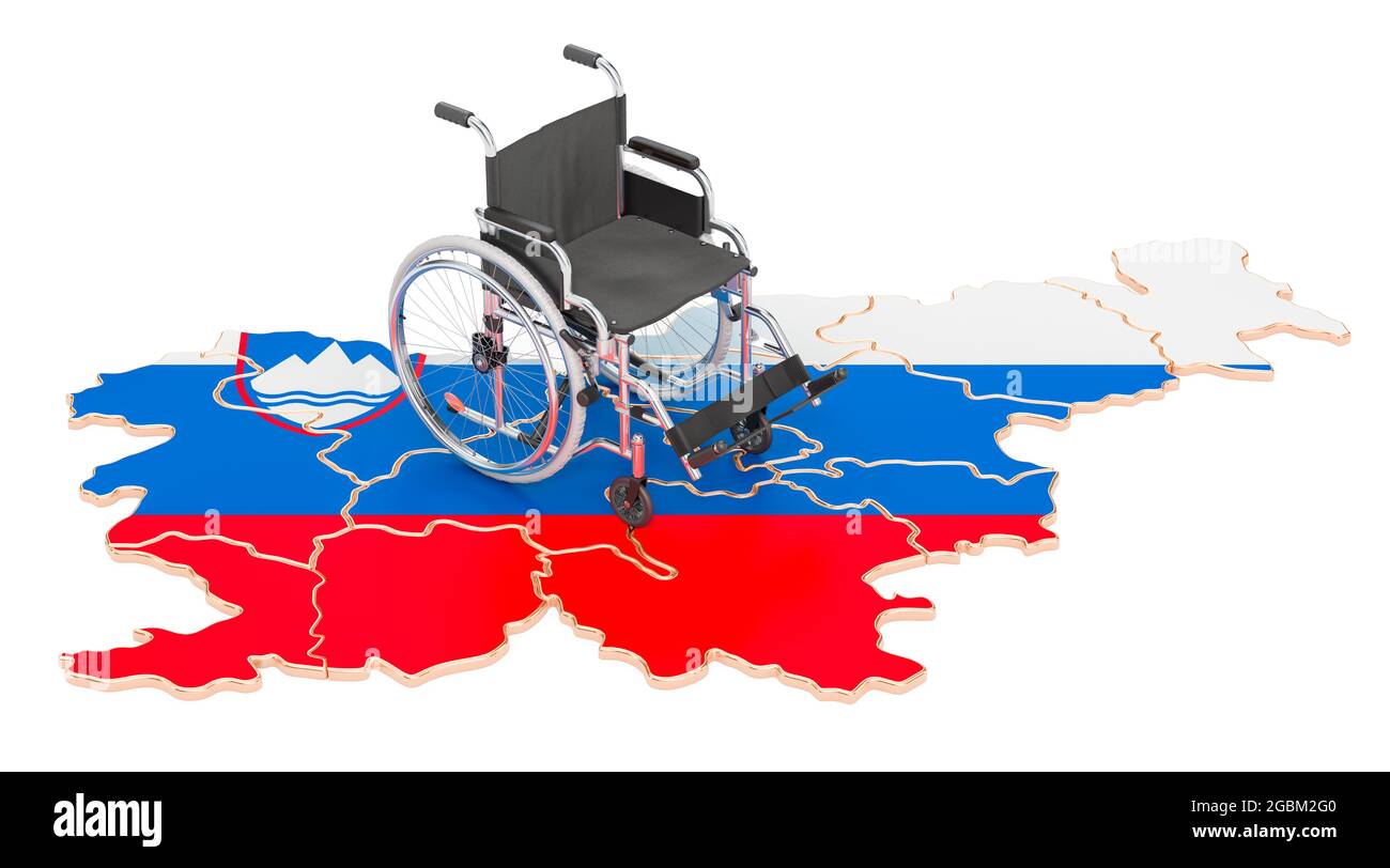 Fauteuil roulant avec drapeau slovène. Handicap en Slovénie concept, rendu 3D isolé sur fond blanc Banque D'Images