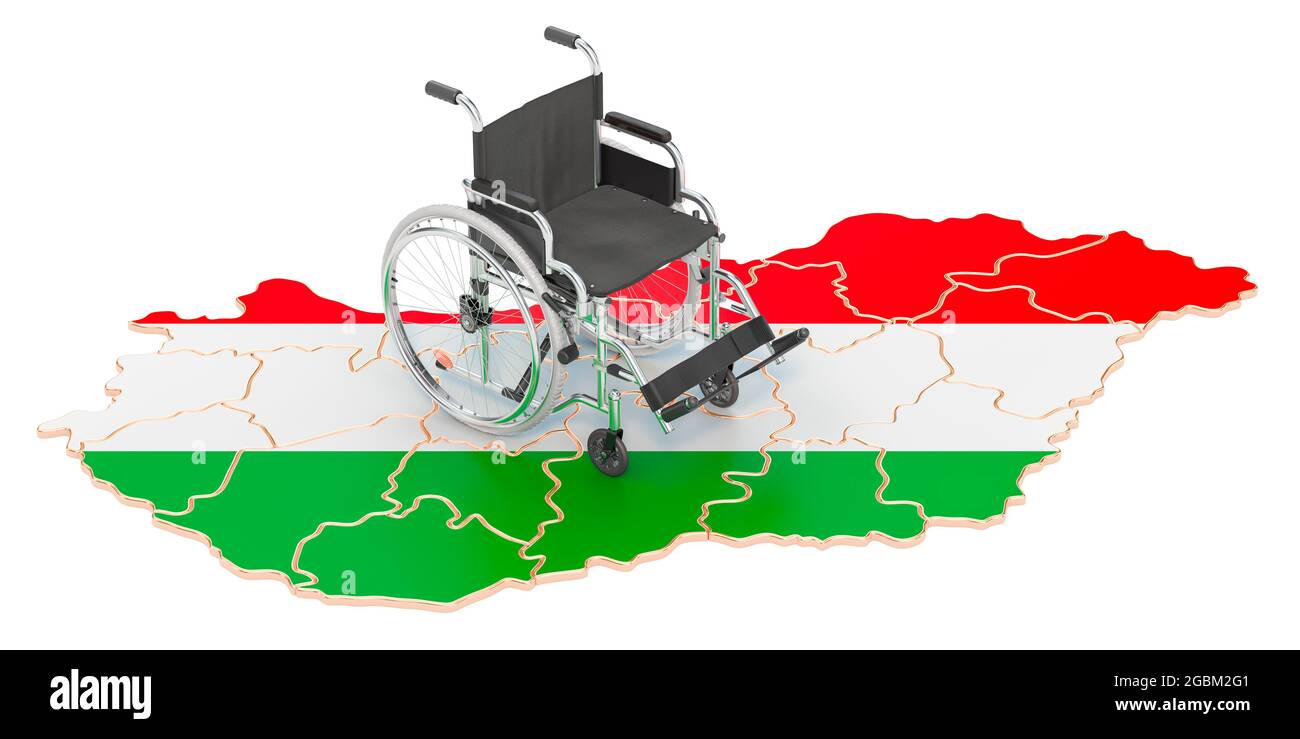 Fauteuil roulant avec drapeau hongrois. Handicap en Hongrie concept, rendu 3D isolé sur fond blanc Banque D'Images