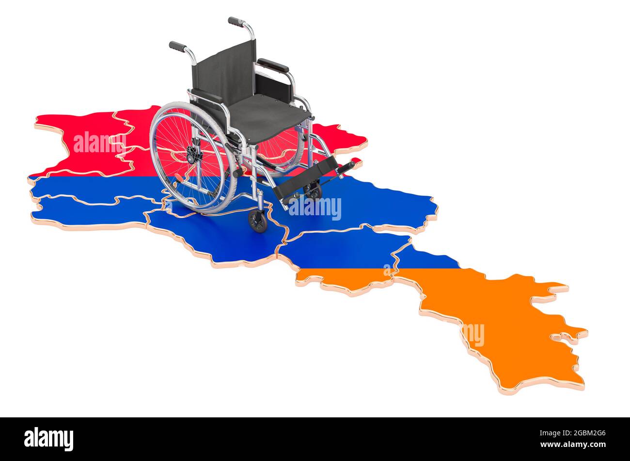 Fauteuil roulant avec drapeau arménien. Handicap en Arménie concept, rendu 3D isolé sur fond blanc Banque D'Images