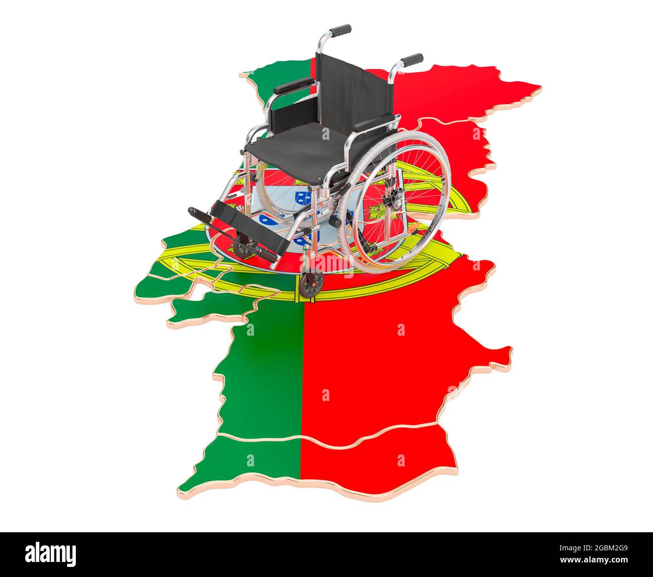 Fauteuil roulant avec drapeau portugais. Handicap au Portugal concept, rendu 3D isolé sur fond blanc Banque D'Images