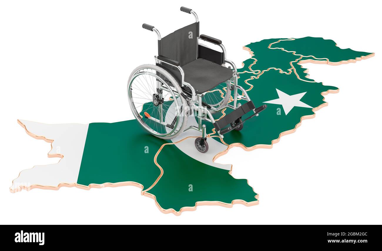 Fauteuil roulant avec drapeau pakistanais. Handicap au Pakistan concept, rendu 3D isolé sur fond blanc Banque D'Images