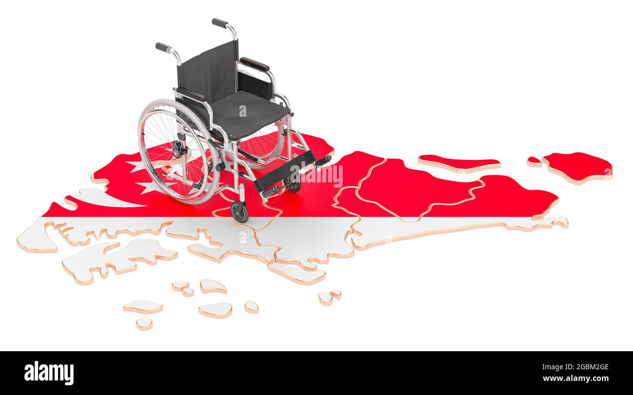 Fauteuil roulant avec drapeau singapourien. Handicap à Singapour concept, rendu 3D isolé sur fond blanc Banque D'Images