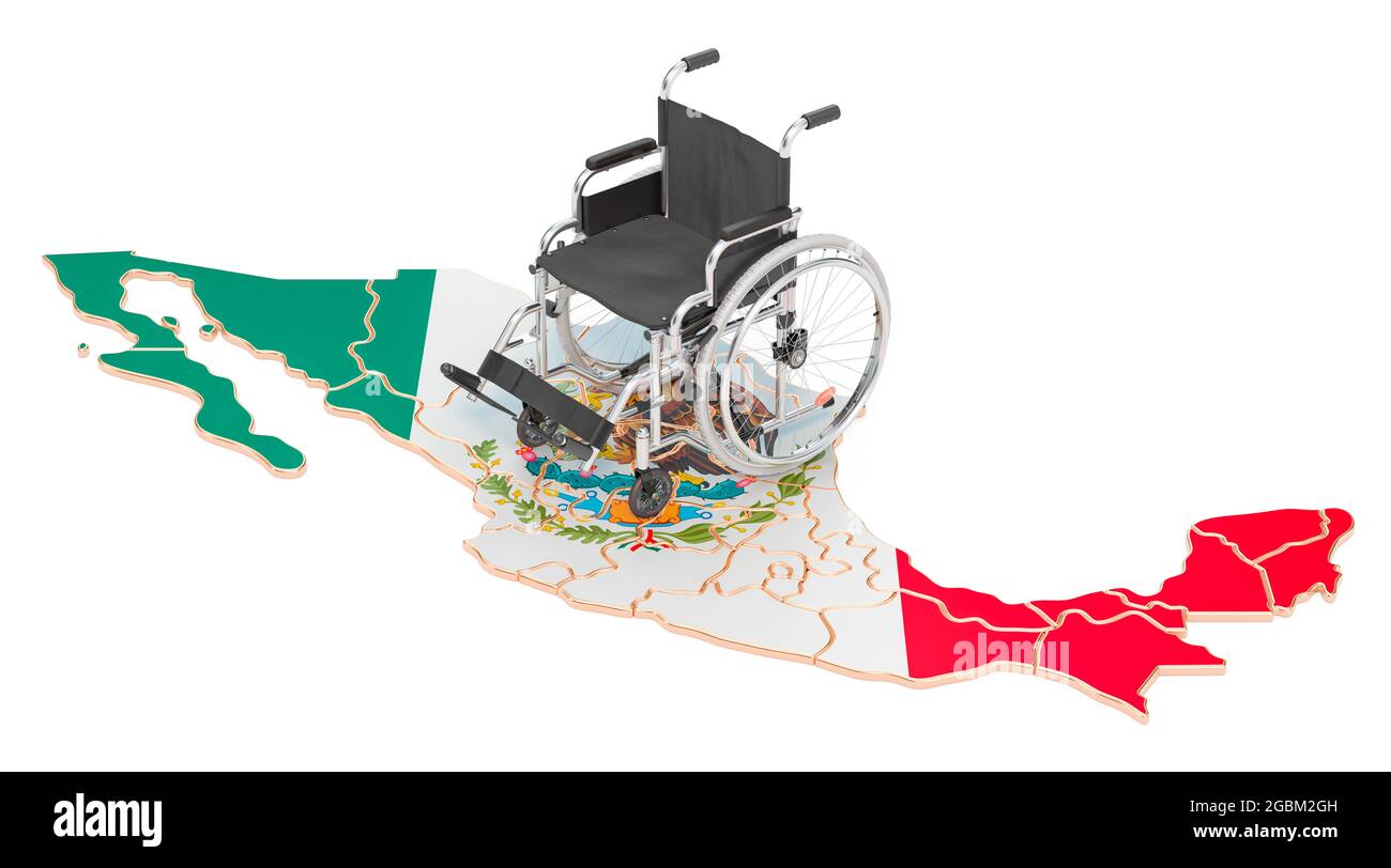 Fauteuil roulant avec drapeau mexicain. Handicap au Mexique concept, rendu 3D isolé sur fond blanc Banque D'Images