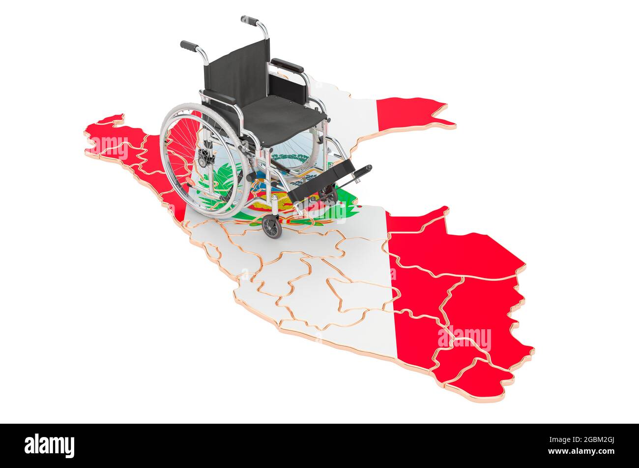 Fauteuil roulant avec drapeau péruvien. Handicap au Pérou concept, rendu 3D isolé sur fond blanc Banque D'Images