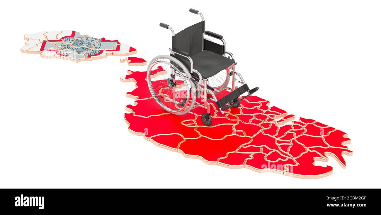 Fauteuil roulant avec drapeau maltais. Handicap à Malte concept, rendu 3D isolé sur fond blanc Banque D'Images