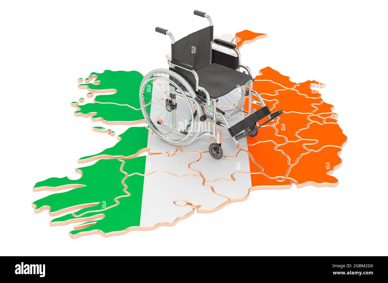 Fauteuil roulant avec drapeau irlandais. Handicap en Irlande concept, rendu 3D isolé sur fond blanc Banque D'Images