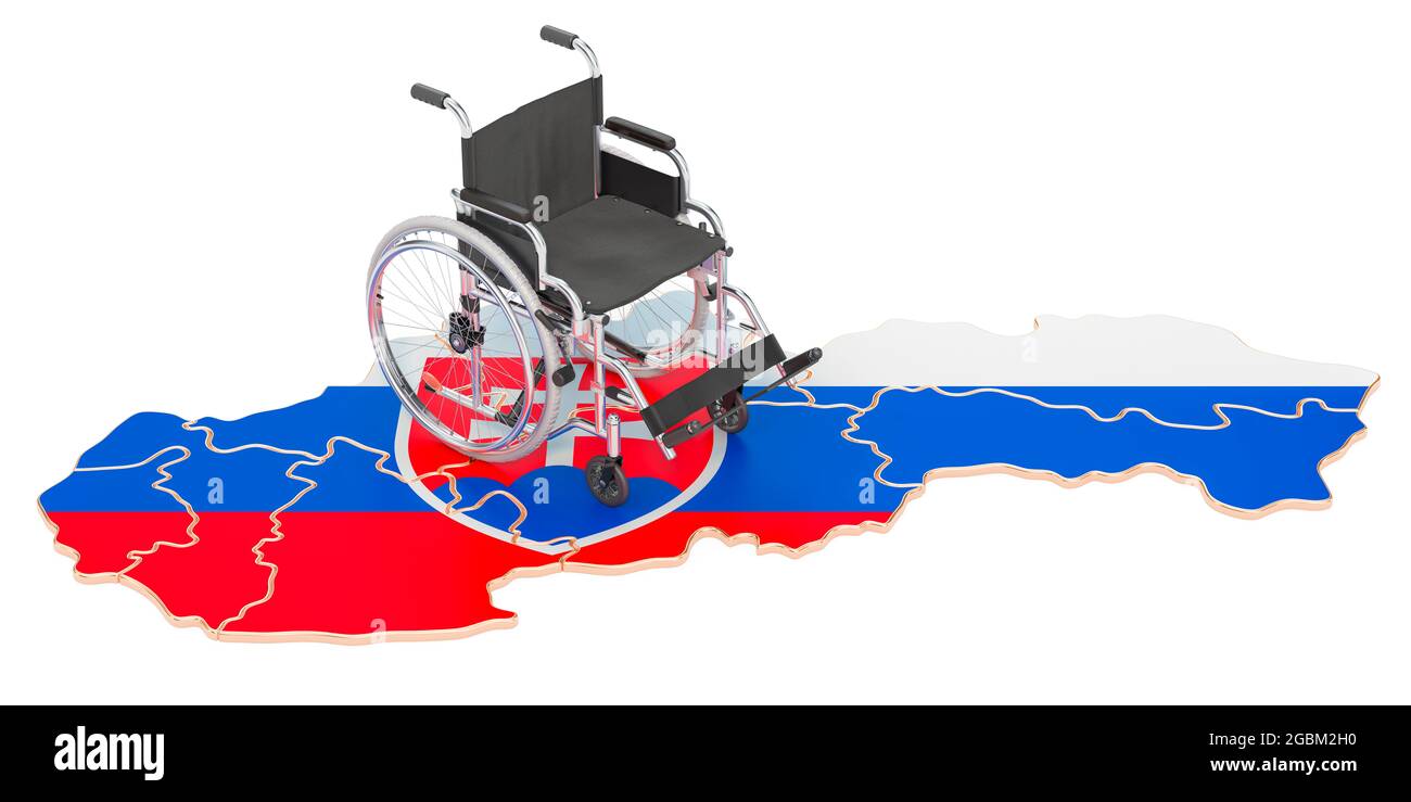 Fauteuil roulant avec drapeau slovaque. Handicap en Slovaquie concept, rendu 3D isolé sur fond blanc Banque D'Images