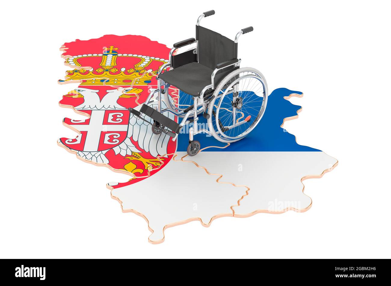 Fauteuil roulant avec drapeau serbe. Handicap en Serbie concept, rendu 3D isolé sur fond blanc Banque D'Images