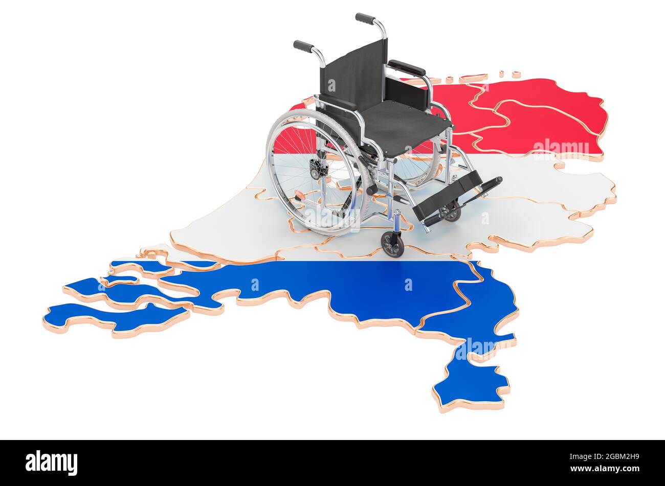 Fauteuil roulant avec drapeau des pays-Bas. Handicap aux pays-Bas concept, rendu 3D isolé sur fond blanc Banque D'Images