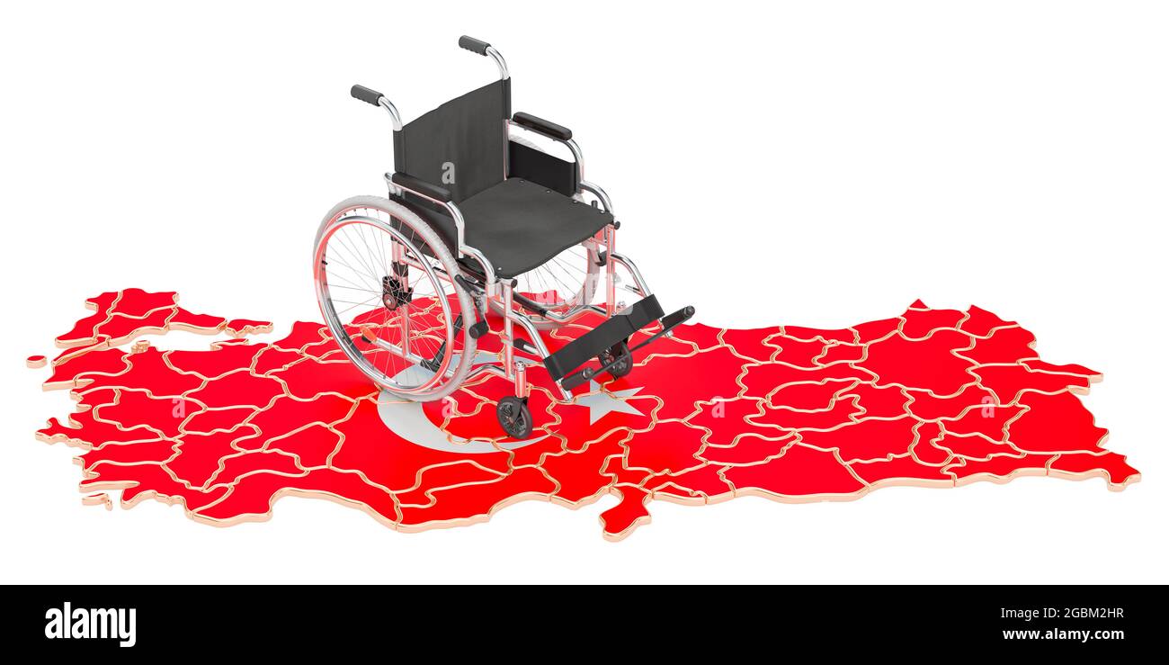 Fauteuil roulant avec drapeau turc. Handicap en Turquie concept, rendu 3D isolé sur fond blanc Banque D'Images