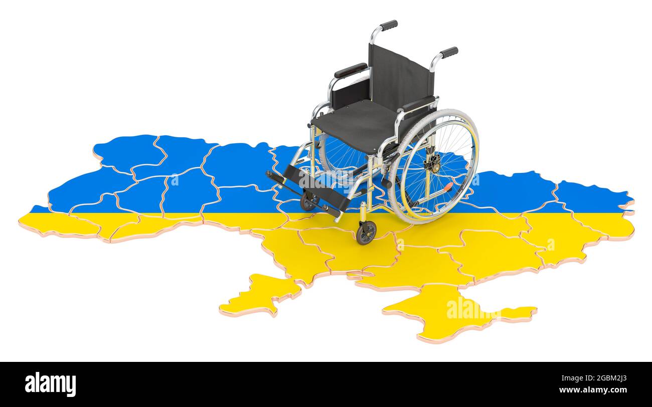 Fauteuil roulant avec drapeau ukrainien. Handicap en Ukraine concept, rendu 3D isolé sur fond blanc Banque D'Images