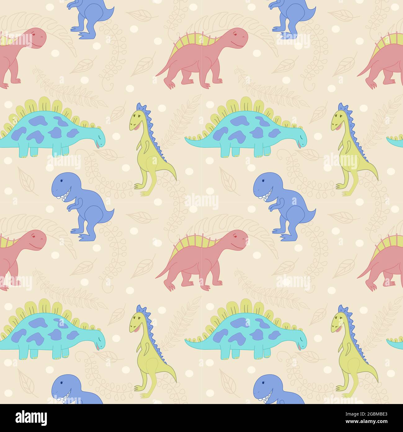 Motif vectoriel sans couture avec dinosaures et feuilles. Dinosaures mignons dessinés à la main. Illustration de Vecteur