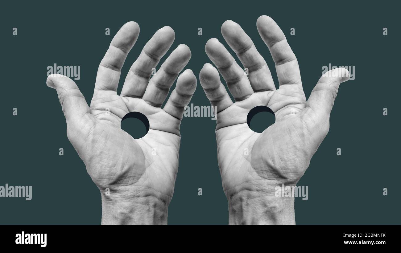Collage contemporain avec mains humaines et trous. Banque D'Images