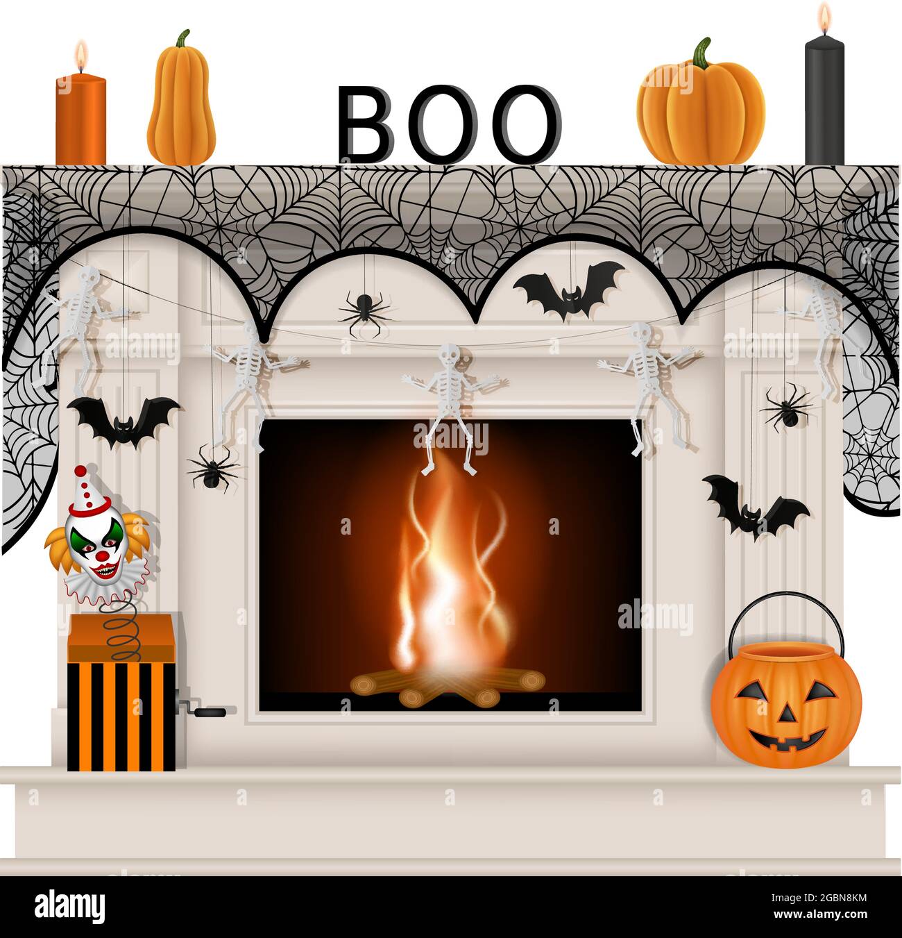 Cheminée blanche avec décorations d'halloween Illustration de Vecteur