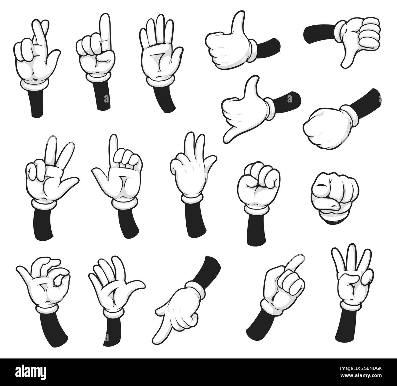 Main et bras de gant de dessin animé, mains de bande dessinée avec des gestes de doigt. Vecteur main montrer, pointer, compter, tenir et représenter les doigts et le pouce vers le haut isolé o Illustration de Vecteur