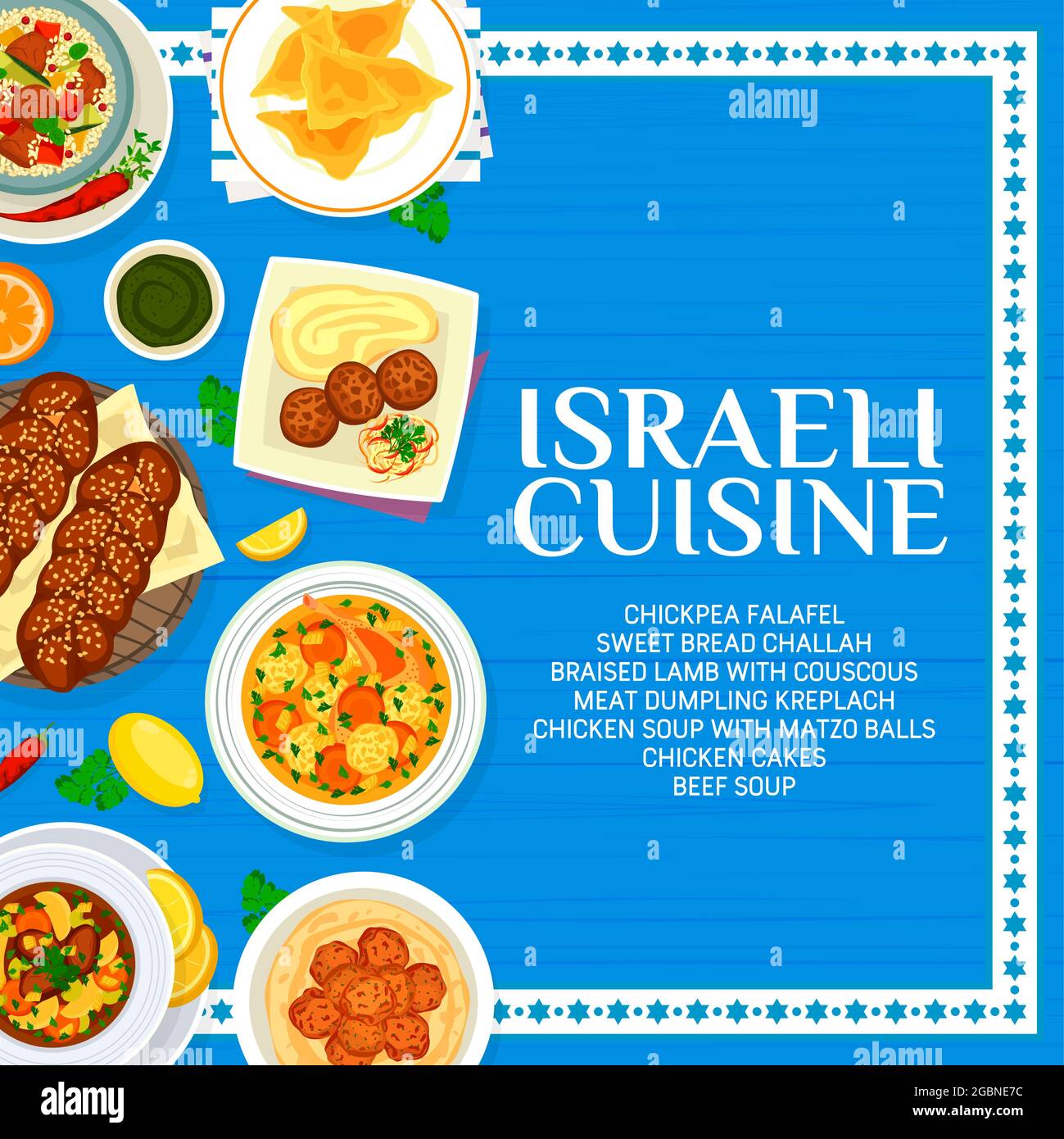 Le menu de cuisine israélienne comprend des plats vectoriels de viande et de légumes juifs. Falafels aux pois chiches, couscous d'agneau et soupe au mazzo-ball, cha au pain doux Illustration de Vecteur