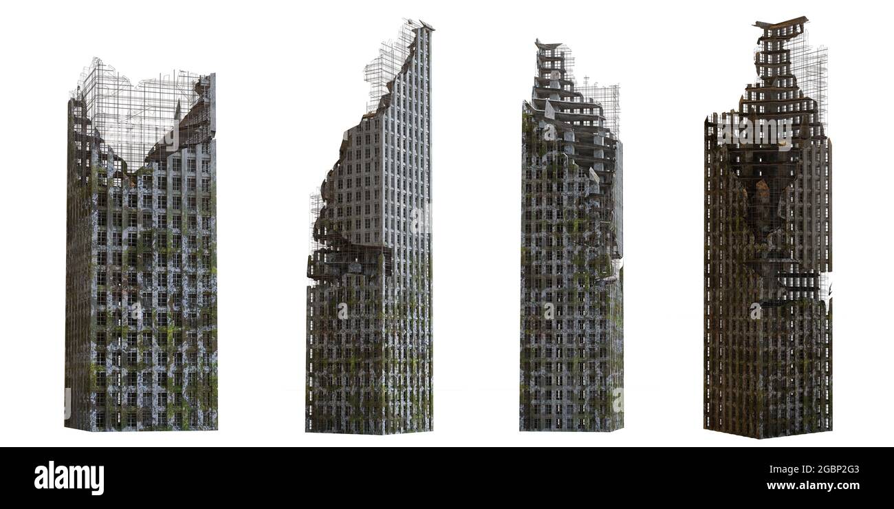 collection de gratte-ciels ruinés, de hauts bâtiments post-apocalyptiques isolés sur fond blanc Banque D'Images