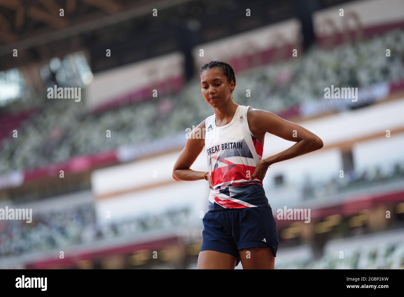 5 août 2021 ; Stade olympique, Tokyo, Japon : Tokyo 2020 Jeux Olympiques d'été jour 13 ; Womens Heptathlon, saut en hauteur, LAC Morgan (GBR) Banque D'Images