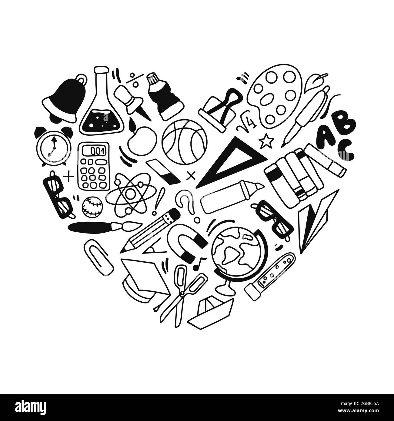 Ensemble avec articles de daniche dessinés à la main de l'école dans un style graphique. Éléments de conception. Fournitures pour étudier en forme de coeur. Illustration vectorielle noir et blanc. Illustration de Vecteur