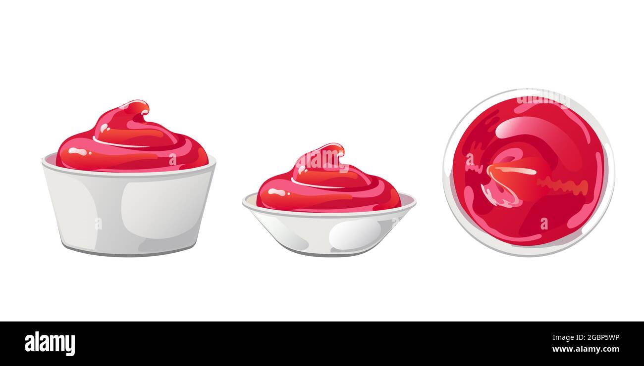 Ketchup à la tomate dans un bol. Une pause rouge avec un tourbillon de ramequin. Vinaigrette aux épices, condiment de style dessin animé plat. Illustration vectorielle. Illustration de Vecteur