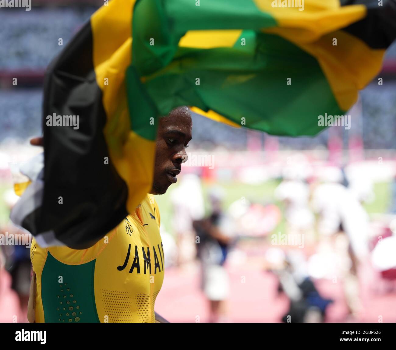 5 août 2021; Stade Olympique, Tokyo, Japon: Tokyo 2020 Jeux Olympiques d'été jour 13; Mens 110m Mens haies final; LEVY Ronald (Jamiacia) gagne le bronze meda Banque D'Images