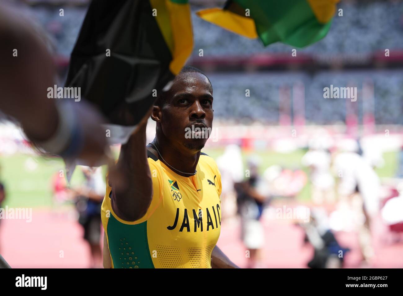 5 août 2021; Stade Olympique, Tokyo, Japon: Tokyo 2020 Jeux Olympiques d'été jour 13; Mens 110m Mens haies final; LEVY Ronald (Jamiacia) gagne le bronze meda Banque D'Images